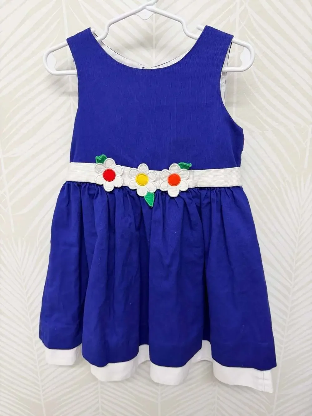 Florence Eiseman Girls Blue Corduroy Dress with Floral Applique Belt and Hem